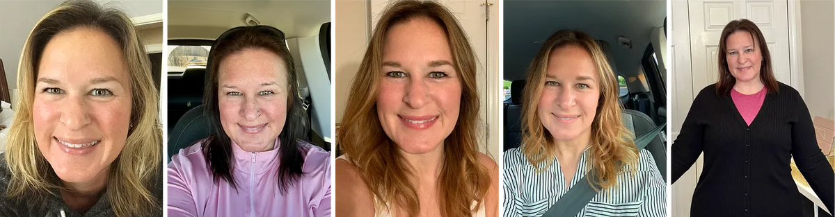 Sarah's input photos: a mix of selfies and candid shots used for AI headshot testing