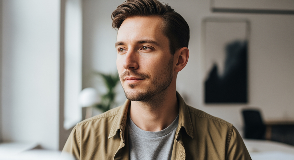 a man in a gray crew-neck tee and khaki overshirt