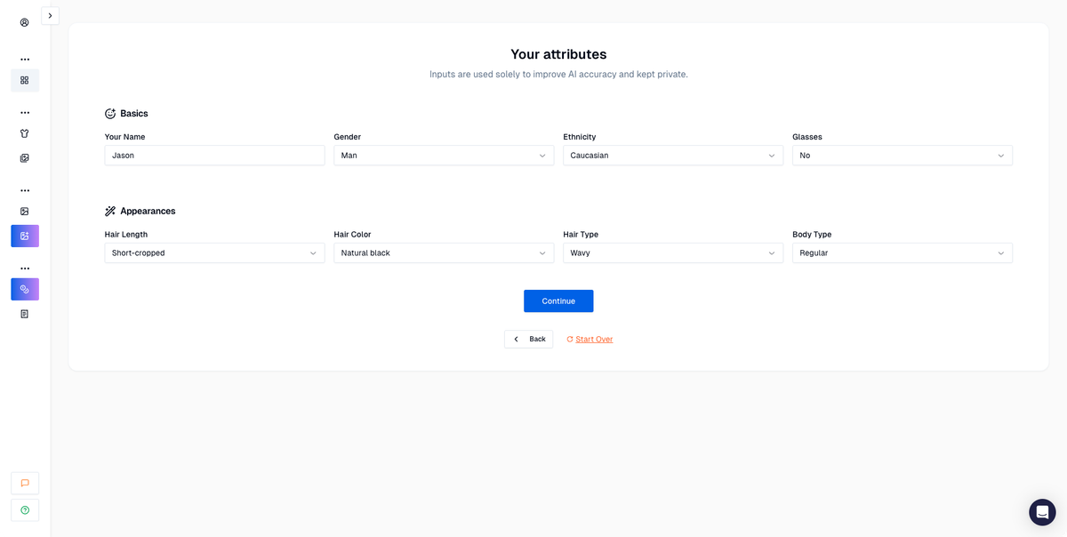 Proshoot personal attributes selection step