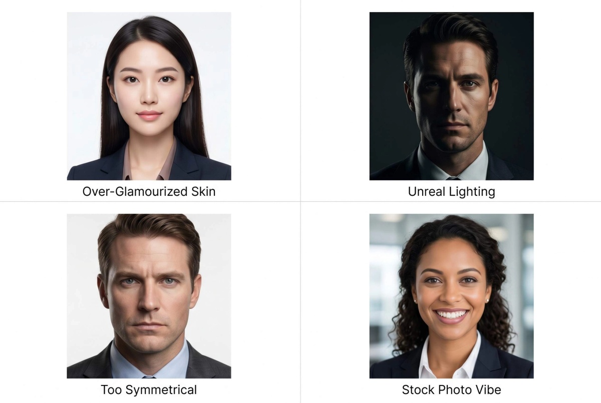 Grid of four AI headshot mistakes — over-smoothed skin, dramatic lighting, uncanny symmetry, and stock photo energy.