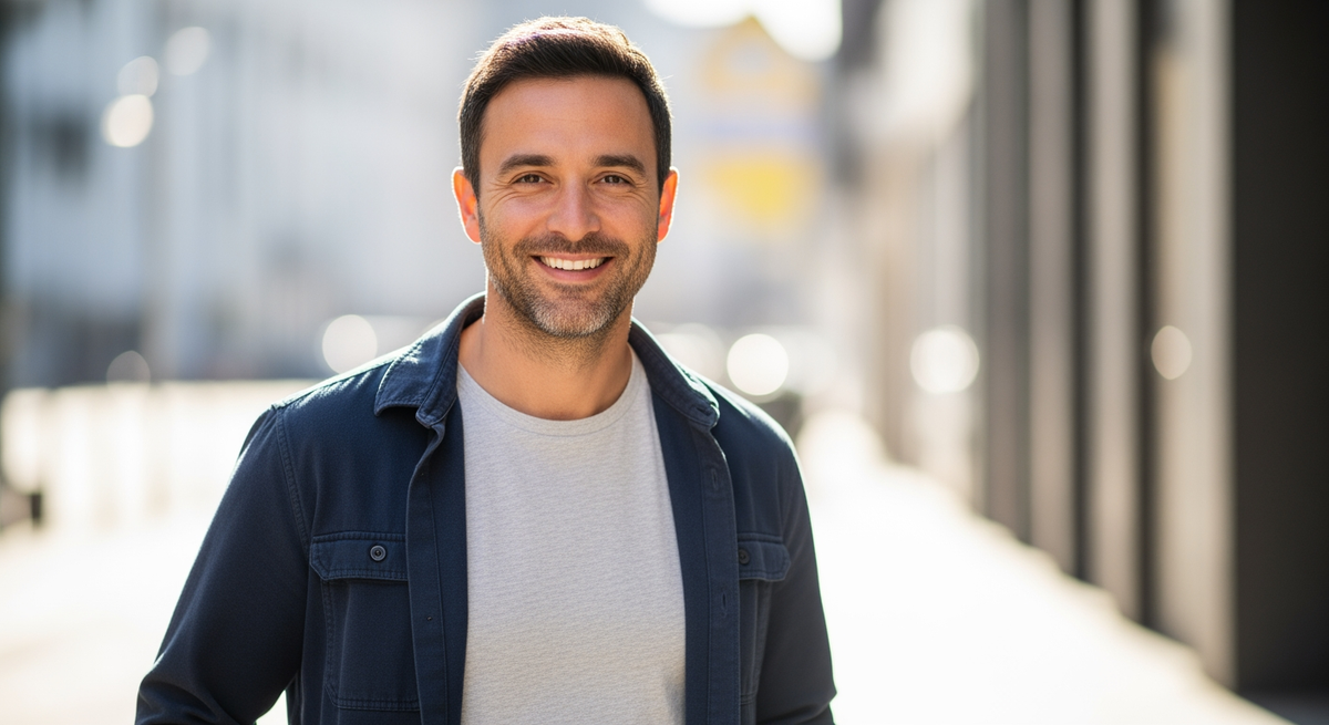 A light-gray a person in T-shirt layered with a navy overshirt