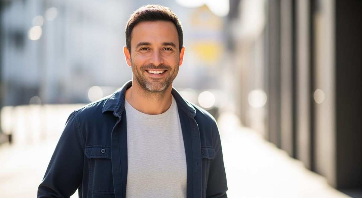 A light-gray a person in T-shirt layered with a navy overshirt