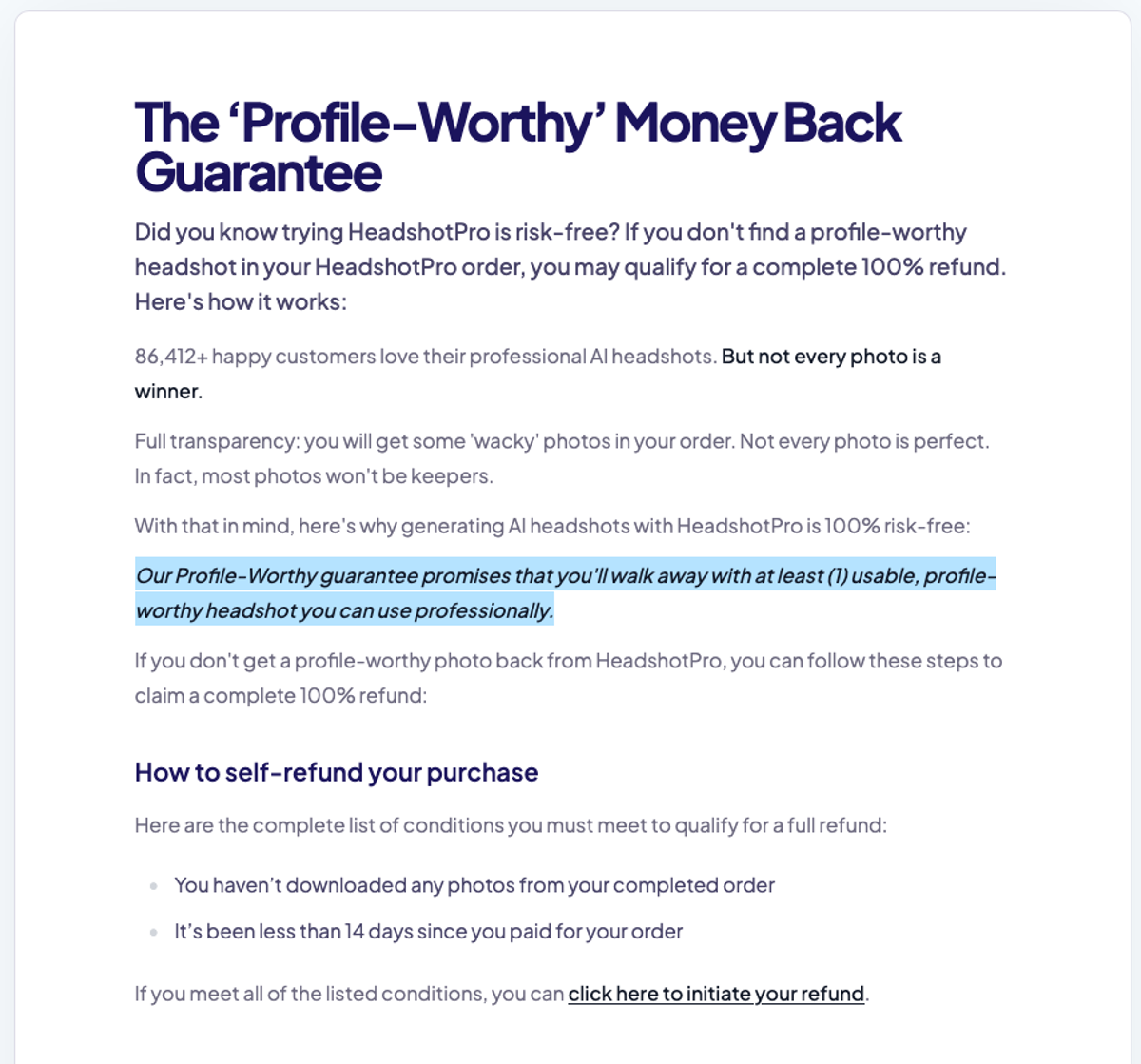 HeadshotPro money-back guarantee screenshot showing a refund path if no usable professional headshot is delivered