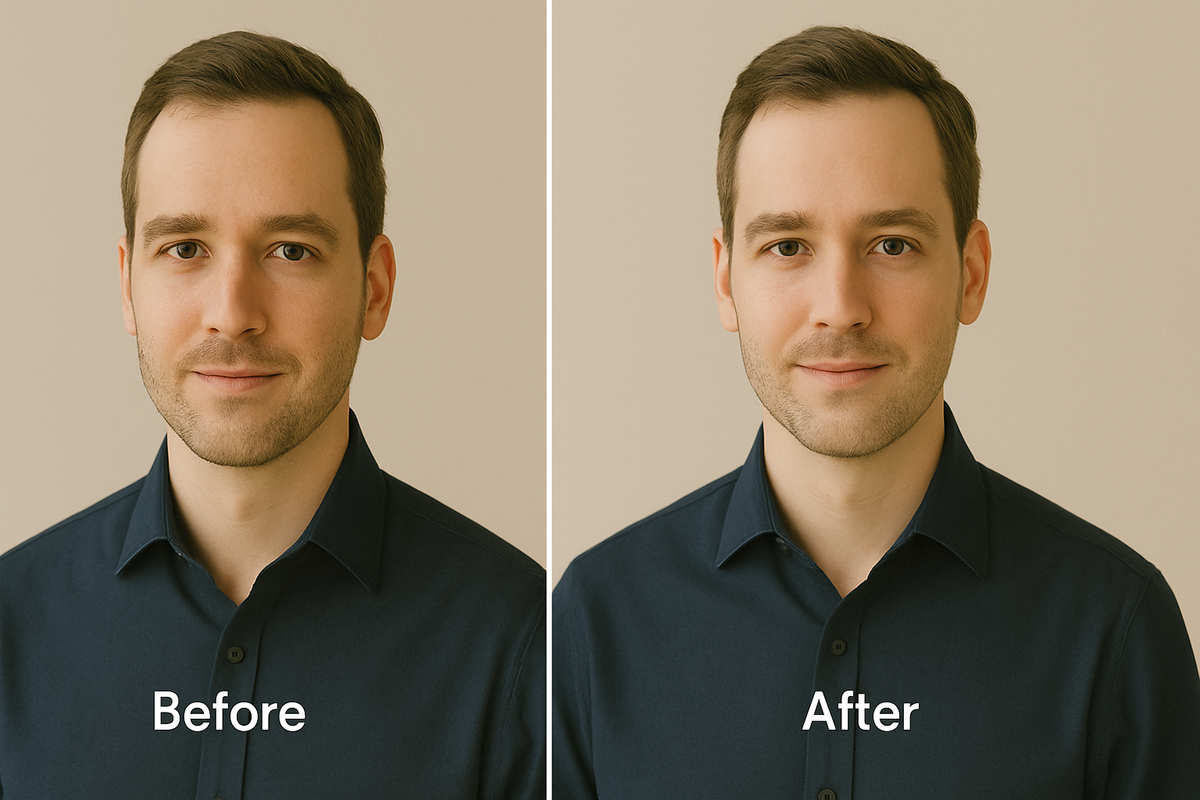 Before-and-after photo comparison: unedited vs lightly edited headshot, natural skin tones preserved.