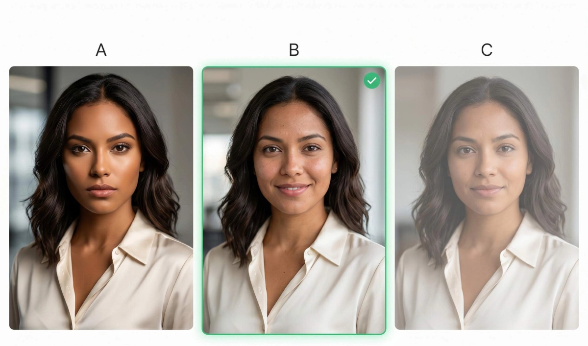Three AI headshot options of the same person — dramatic, authentic, and too casual — with the authentic middle option highlighted as the best choice.