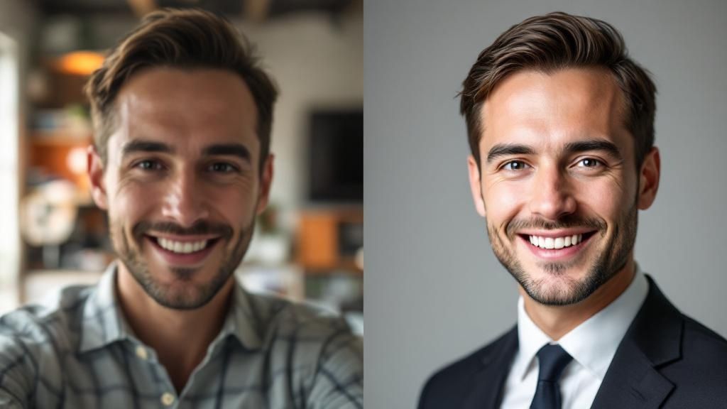 Busy professional using one-click AI headshot generator app on smartphone