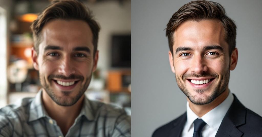 Busy professional using one-click AI headshot generator app on smartphone