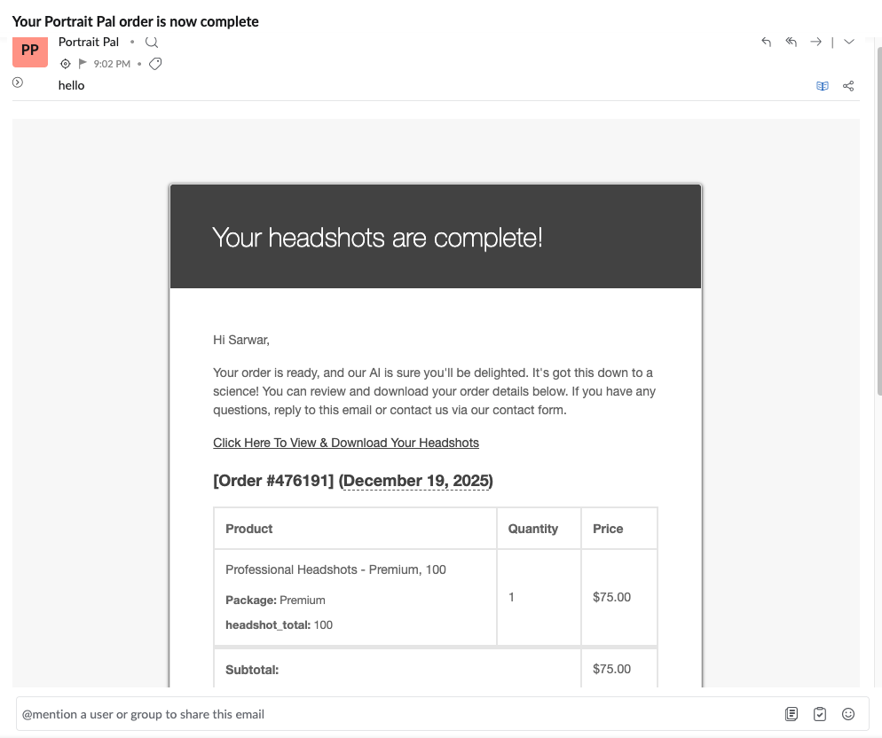 PortraitPal completed email notification
