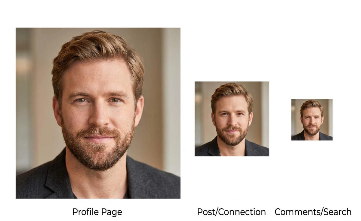 Same LinkedIn headshot shown at three sizes — profile page, post thumbnail, and tiny comment avatar — demonstrating why clean cropping matters.