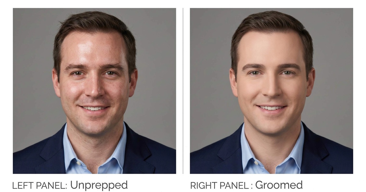 Side-by-side of same man in headshot: left with unprepped skin showing shine, right with mattified skin and groomed appearance