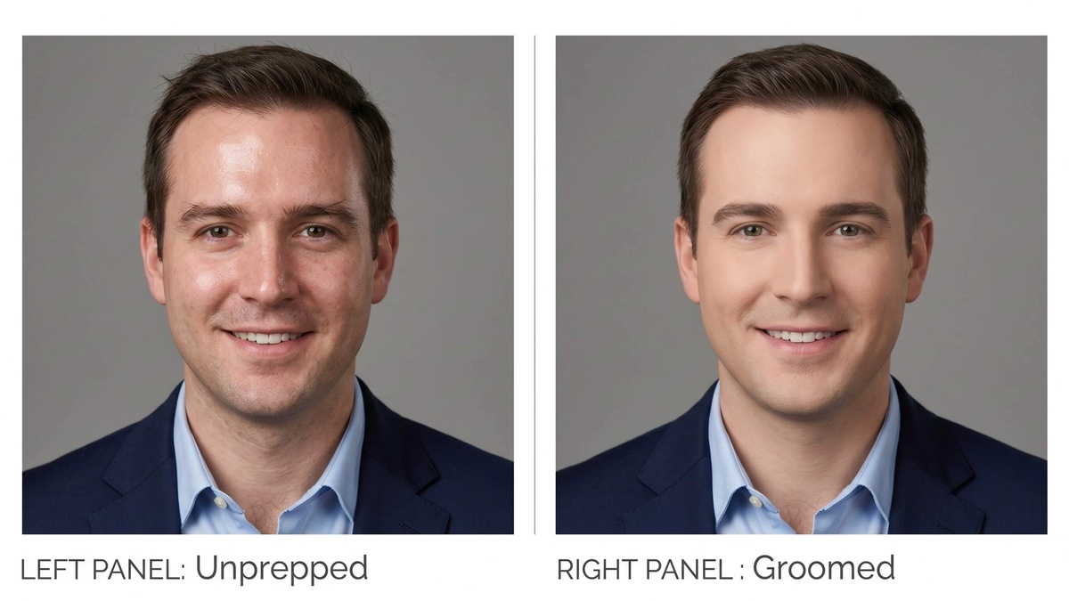 Side-by-side of same man in headshot: left with unprepped skin showing shine, right with mattified skin and groomed appearance