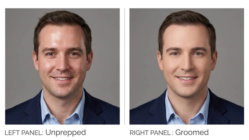 Side-by-side of same man in headshot: left with unprepped skin showing shine, right with mattified skin and groomed appearance