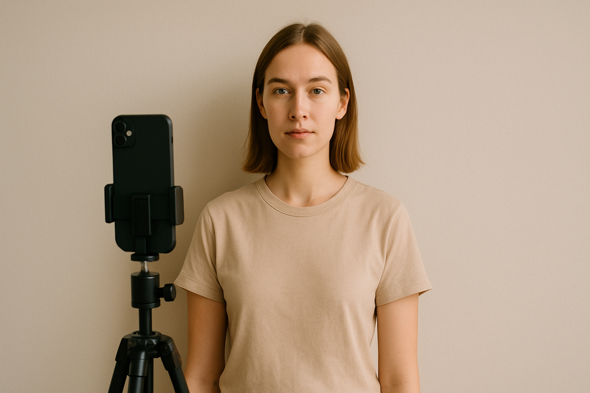 Smartphone on small tripod facing person standing near window, gridlines visible on screen, bright balanced lighting.