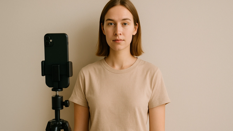 Smartphone on small tripod facing person standing near window, gridlines visible on screen, bright balanced lighting.