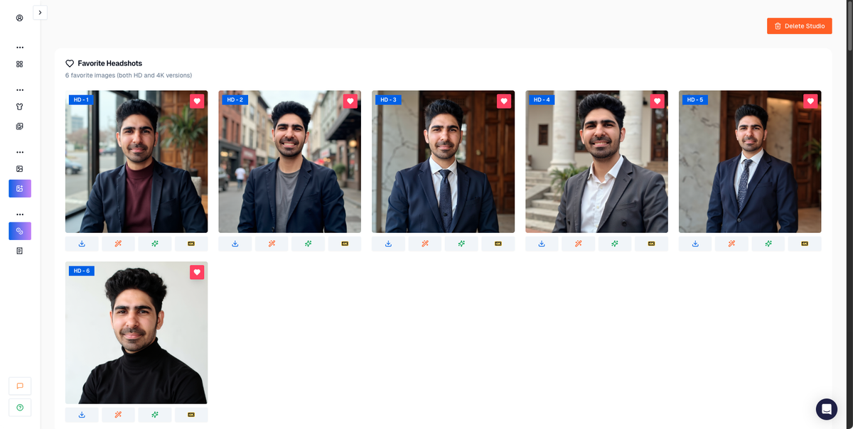 Proshoot results dashboard with favorites section