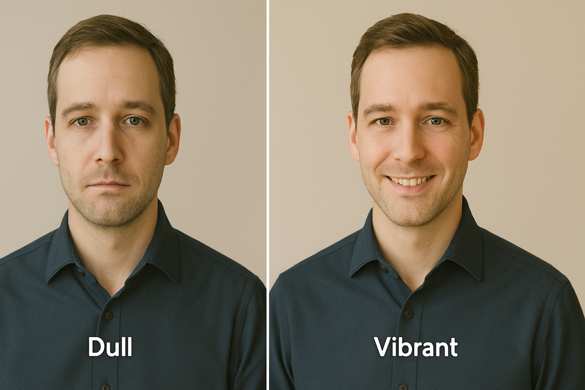 Two headshots side by side — one dull, one vibrant and confident — illustrating difference in lighting and expression.