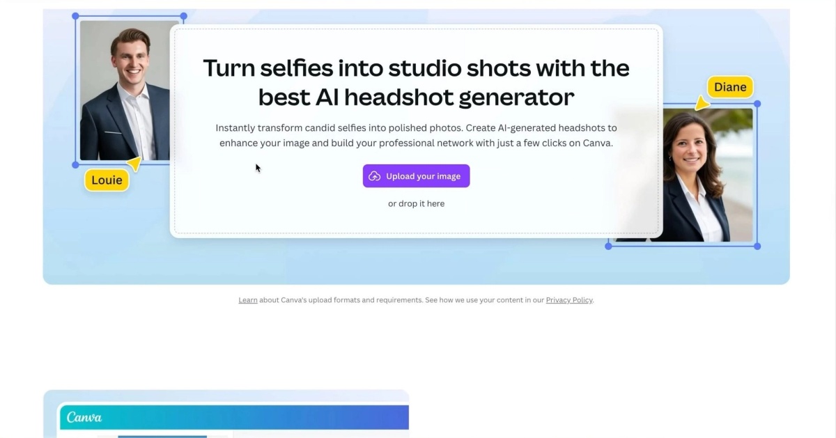 Canva AI headshot upload interface