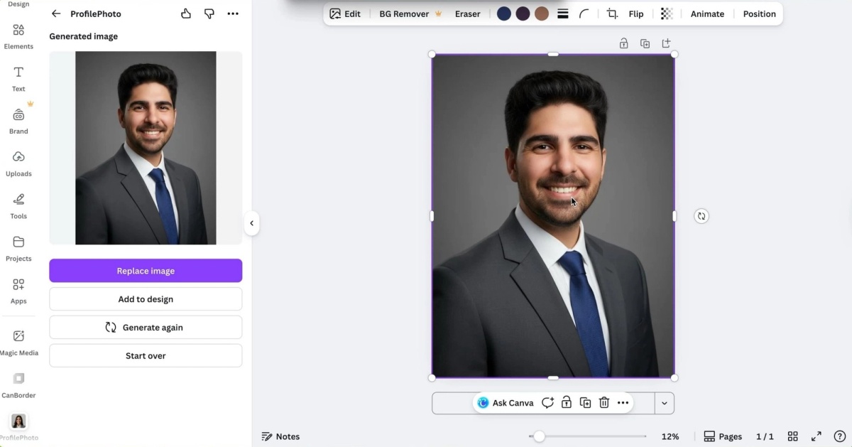 Canva AI headshot results page