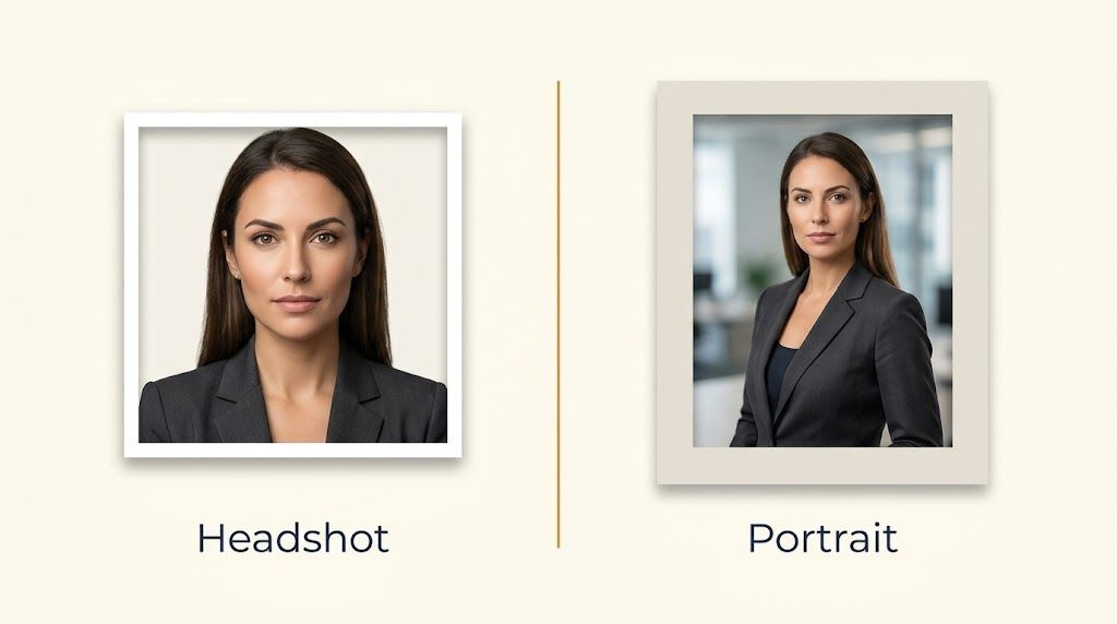 Side-by-side comparison of a professional headshot and a portrait photograph
