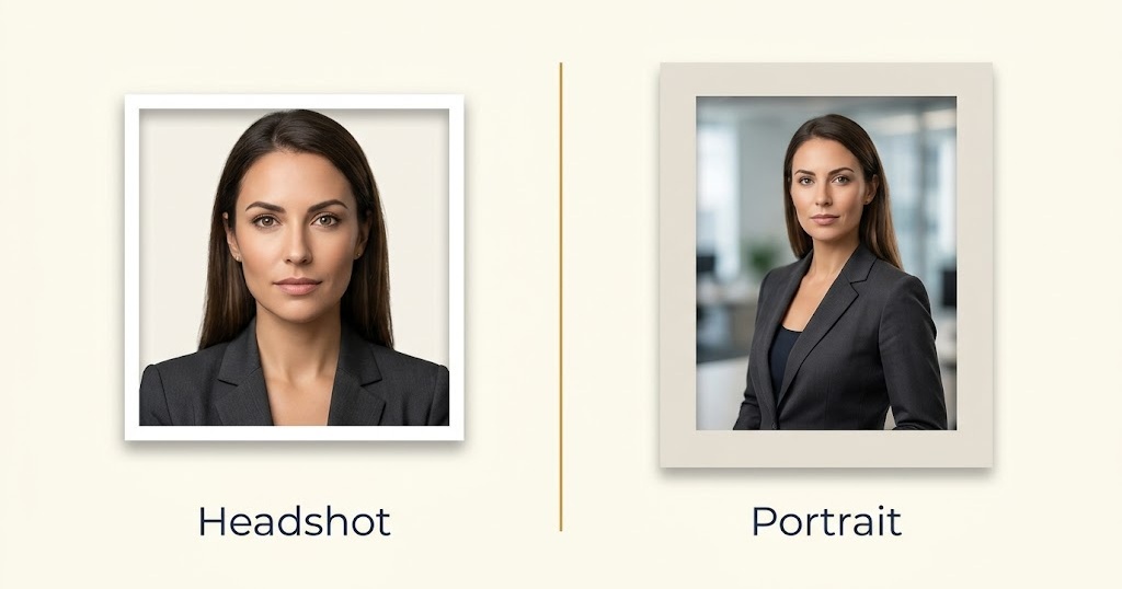 Side-by-side comparison of a professional headshot and a portrait photograph