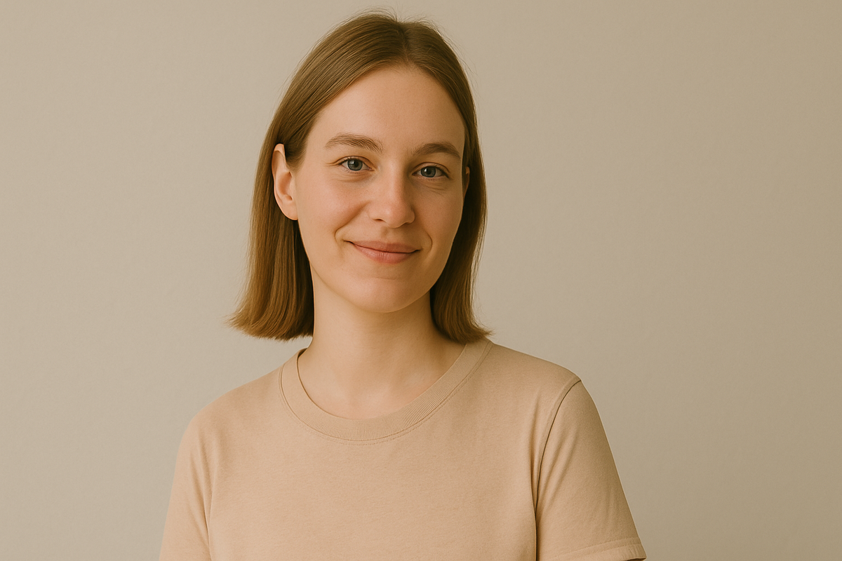 Person posing slightly angled from camera, relaxed shoulders, gentle smile, soft natural lighting.