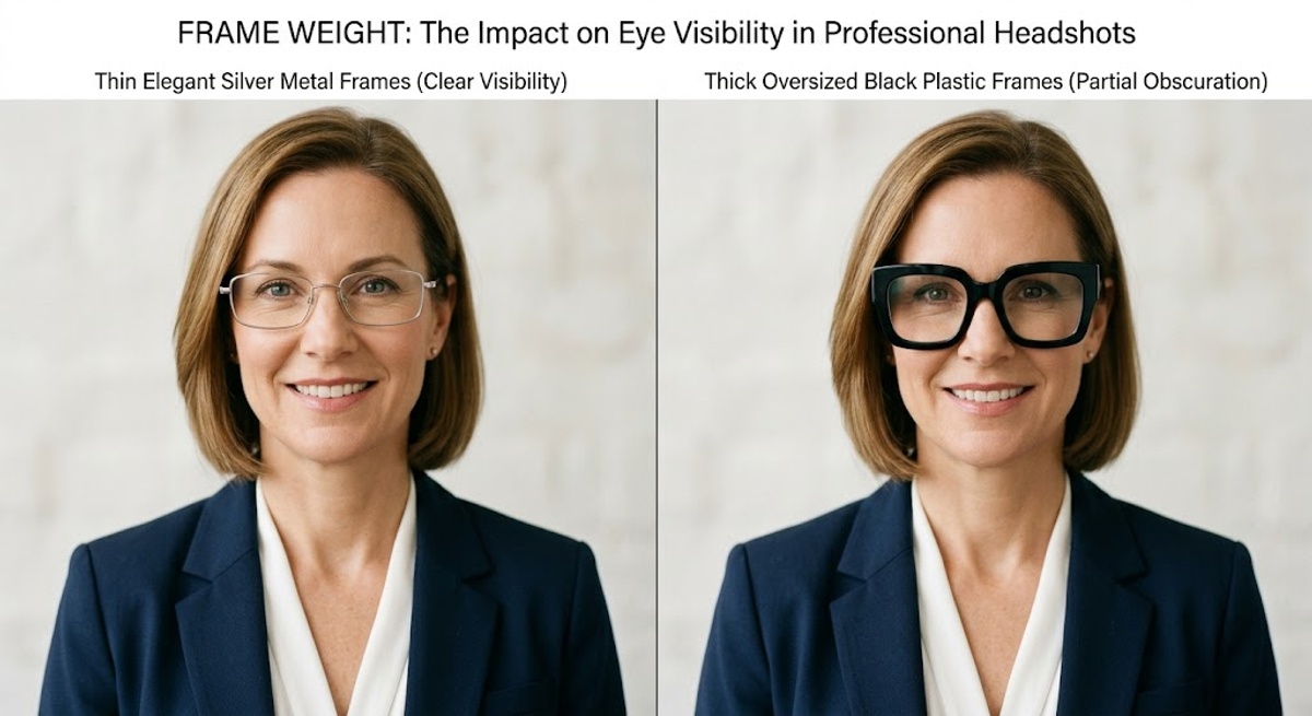 Comparison showing thin metal glasses frames vs thick oversized frames in a professional headshot