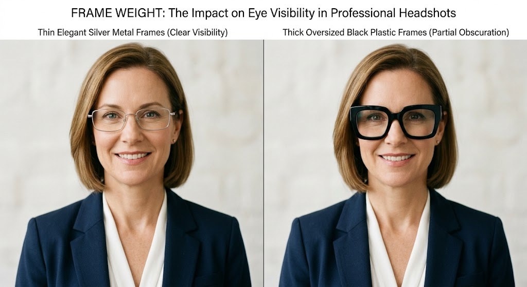 Comparison showing thin metal glasses frames vs thick oversized frames in a professional headshot