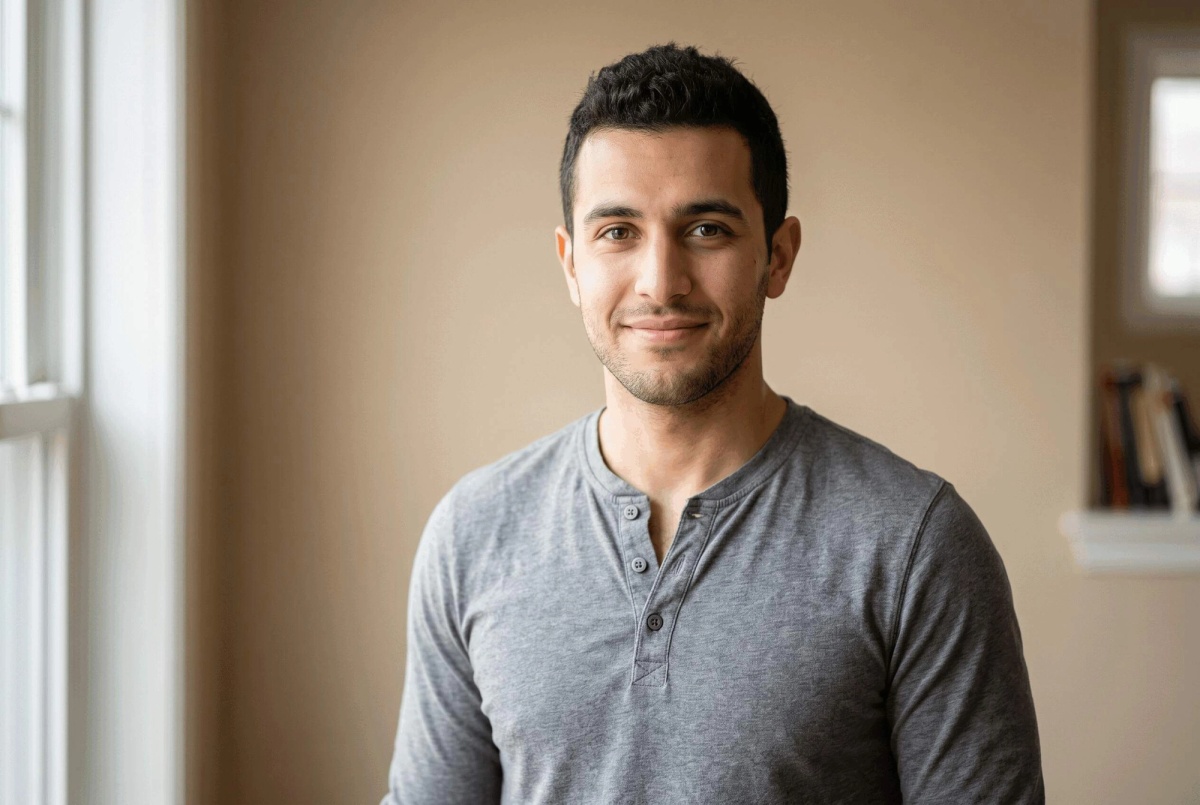 Person posing slightly angled from camera, relaxed shoulders, gentle smile, soft natural lighting.