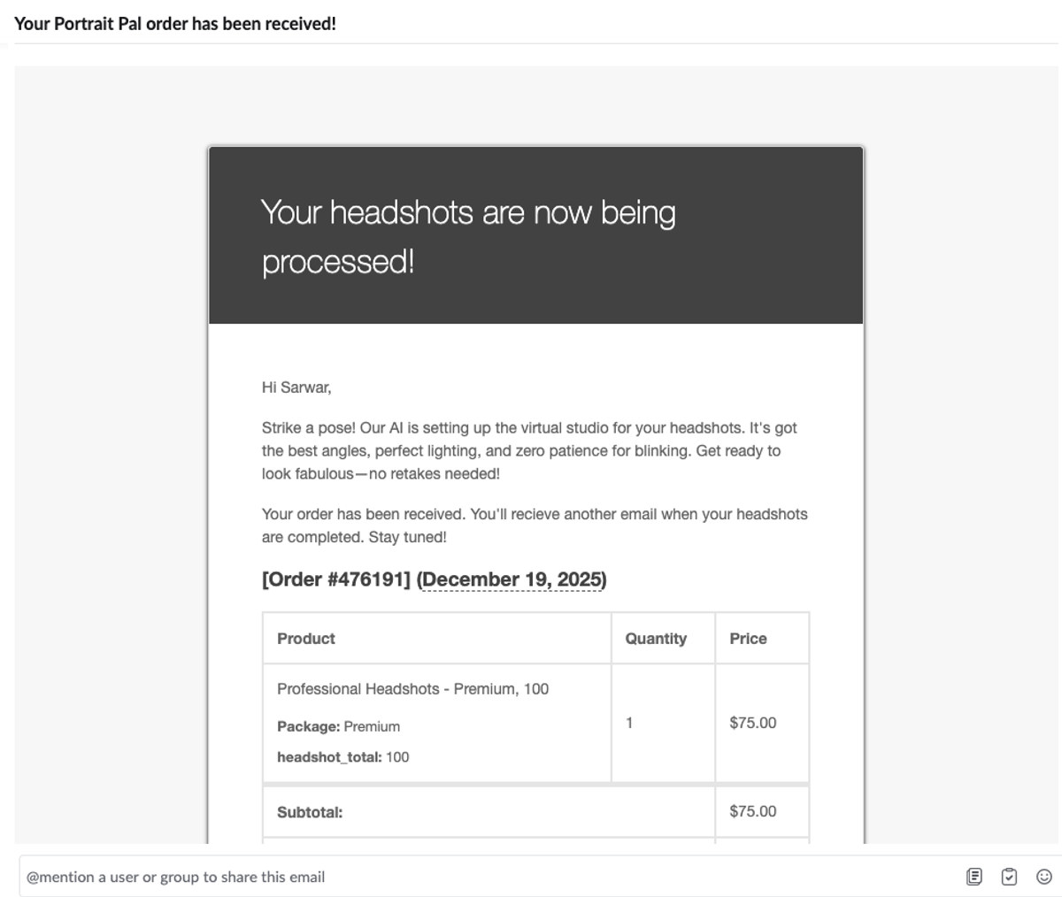 PortraitPal processing email notification