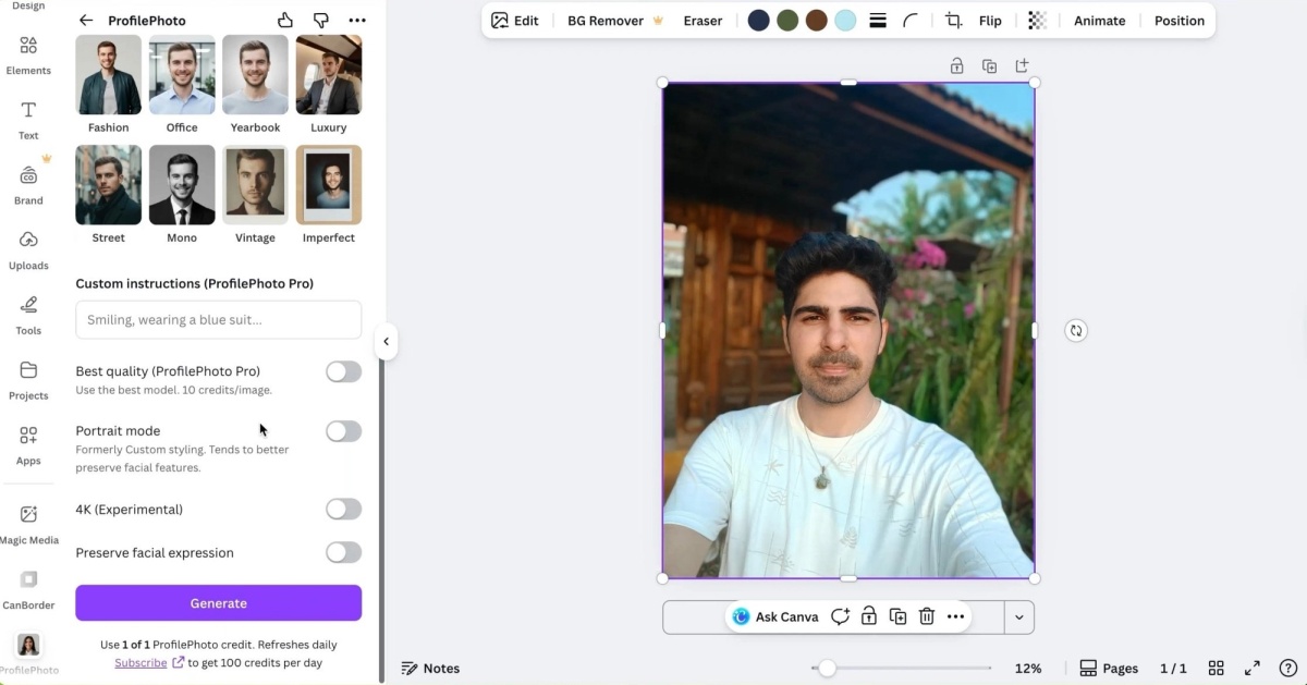 Canva 4K and facial preservation settings