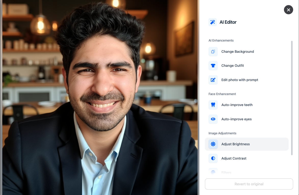 DreamWave AI built-in editor interface for refining headshots