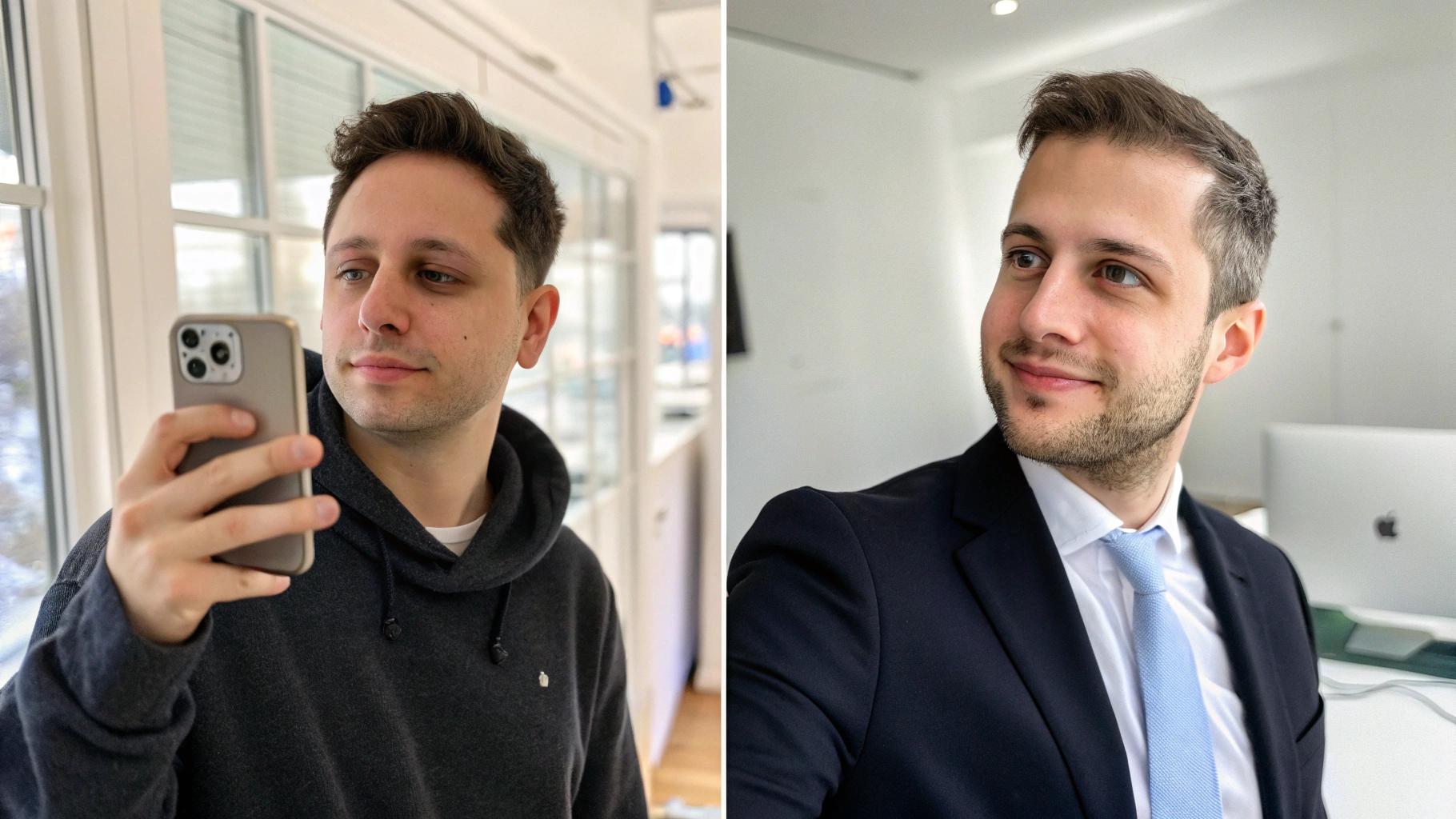Split screen showing transformation from casual selfie to professional AI-generated business headshot