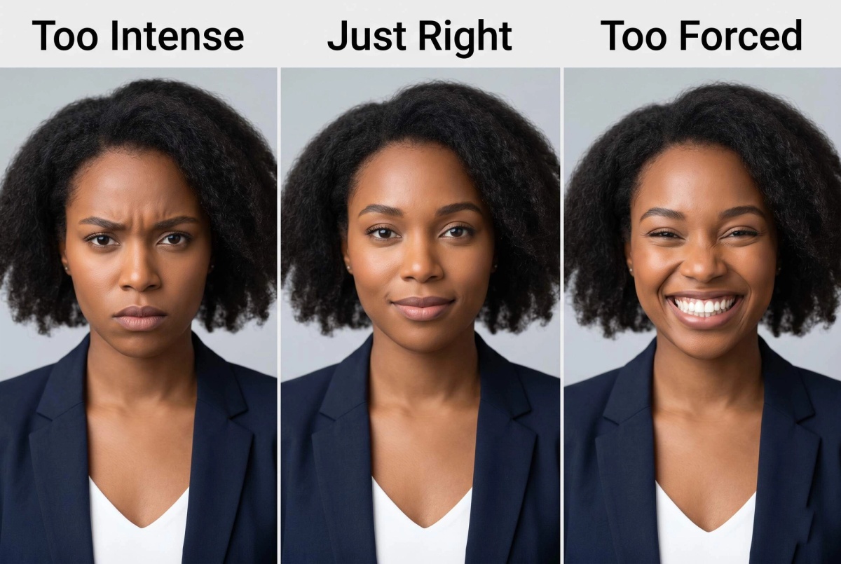 Three LinkedIn headshot expressions compared — too intense, naturally confident, and too forced — showing which expression builds trust.