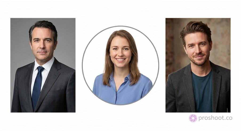 Three professional headshots side by side showing corporate, LinkedIn-friendly, and creative styles