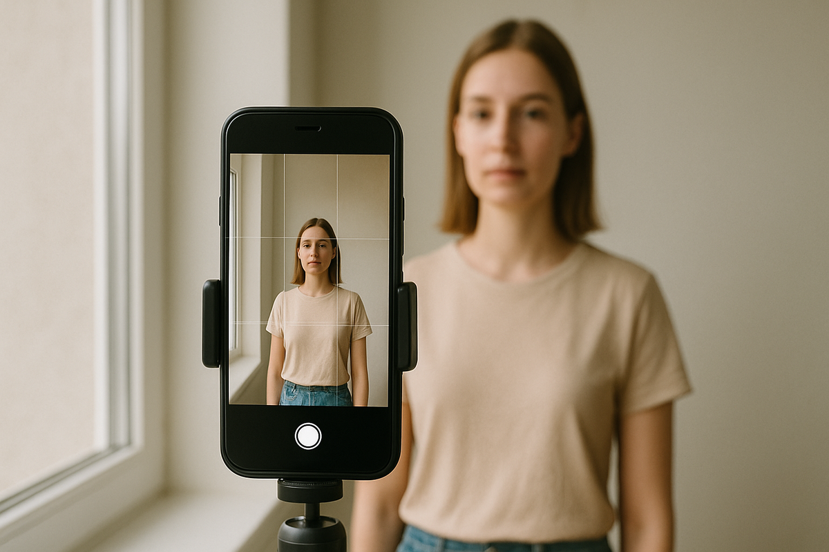 Person standing in front of plain beige wall, soft natural light, smartphone on tripod, minimal background clutter.