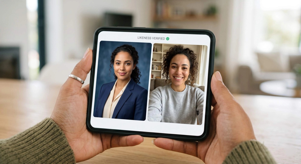 Person checking their AI headshot output against a current selfie side by side on a phone screen