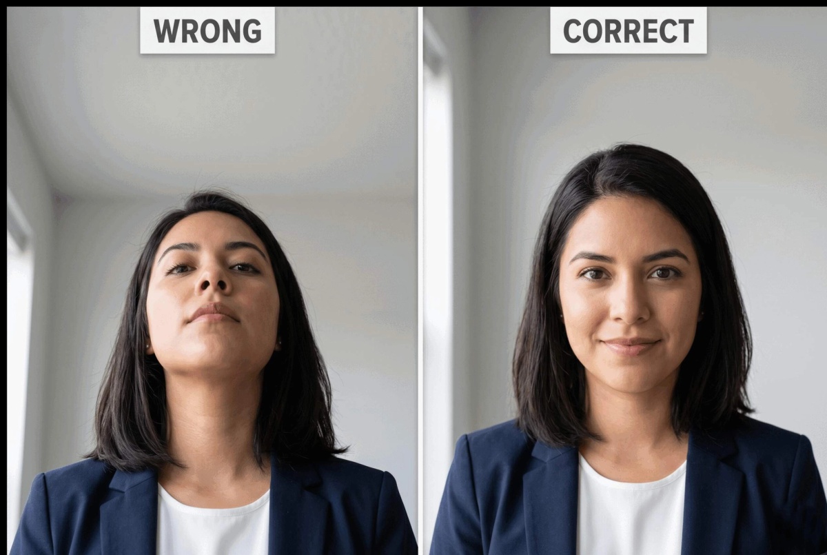 Close-up headshot framing guide showing correct vs incorrect angles — camera at eye level, shoulders visible, centered composition.