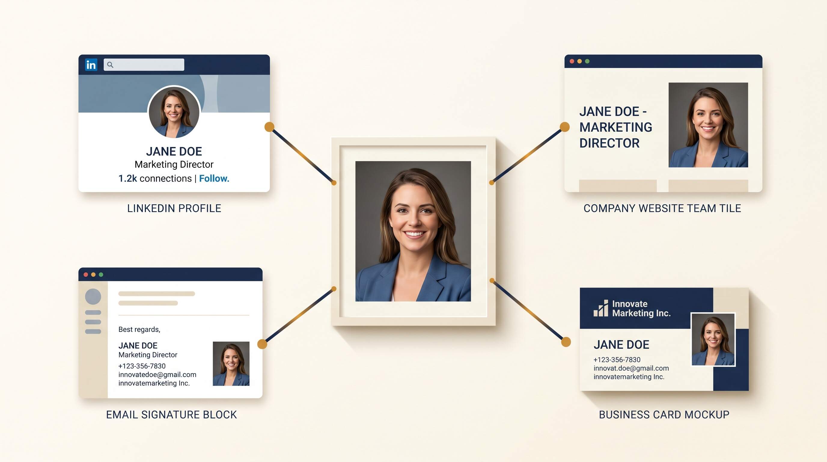 Professional headshot displayed consistently across LinkedIn, a company website, and an email signature on different screens