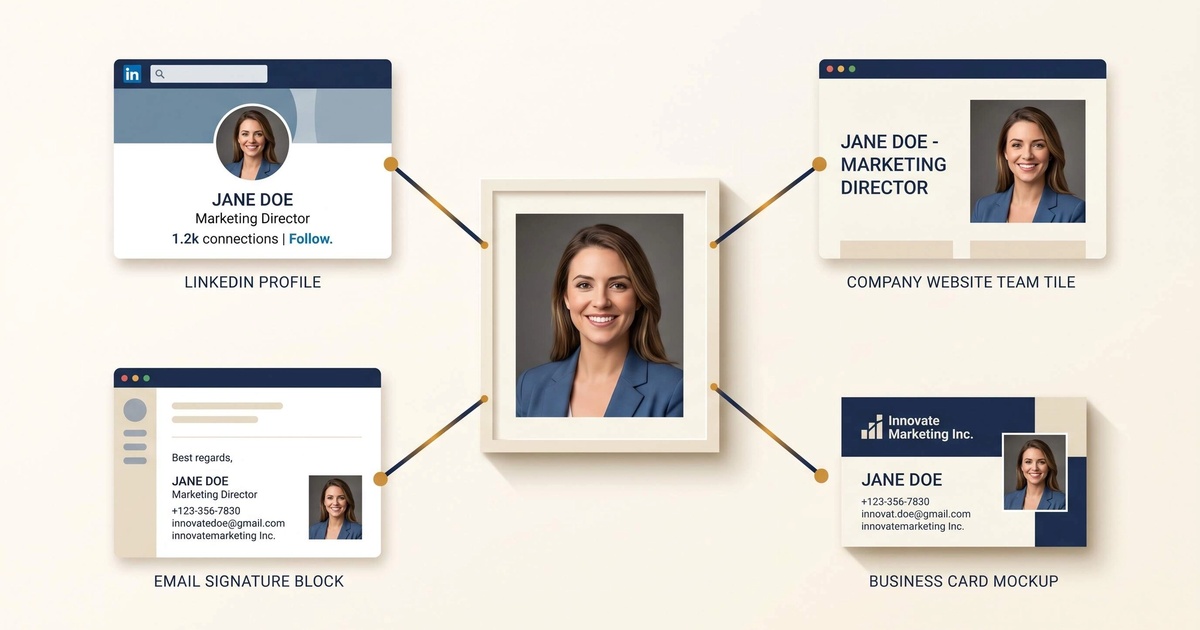 Professional headshot displayed consistently across LinkedIn, a company website, and an email signature on different screens