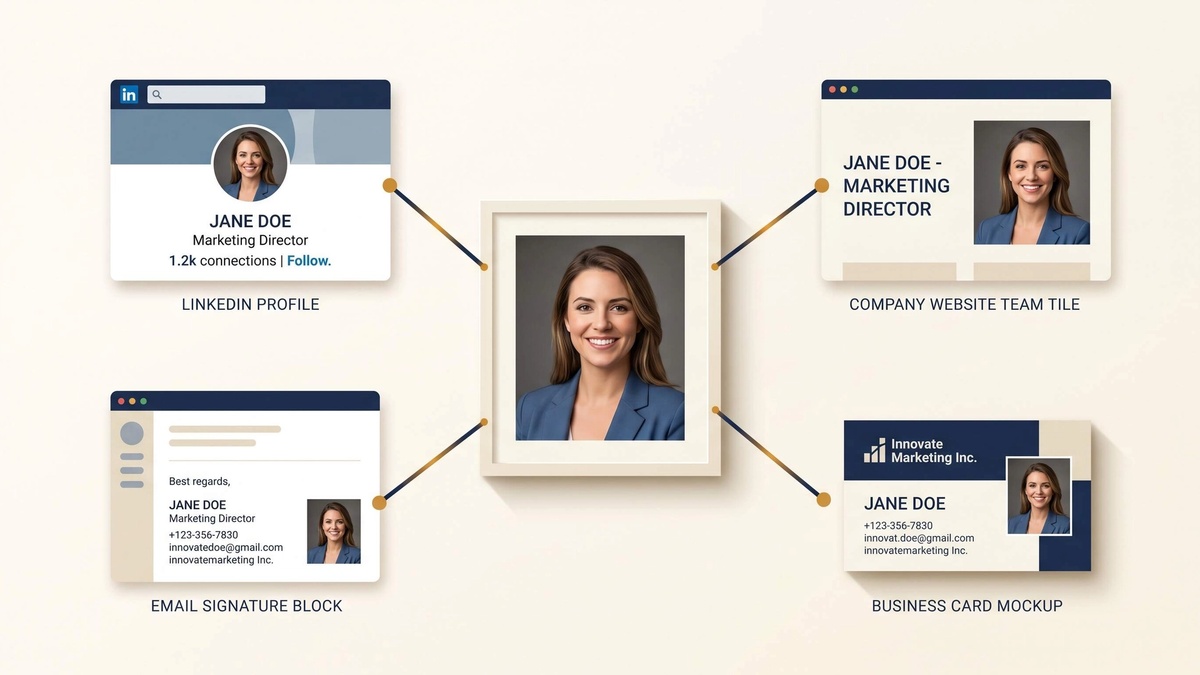 Professional headshot displayed consistently across LinkedIn, a company website, and an email signature on different screens