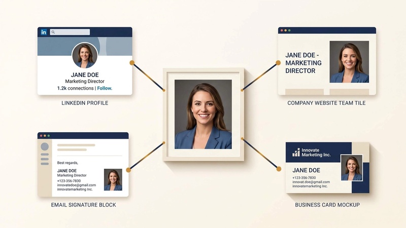 Professional headshot displayed consistently across LinkedIn, a company website, and an email signature on different screens