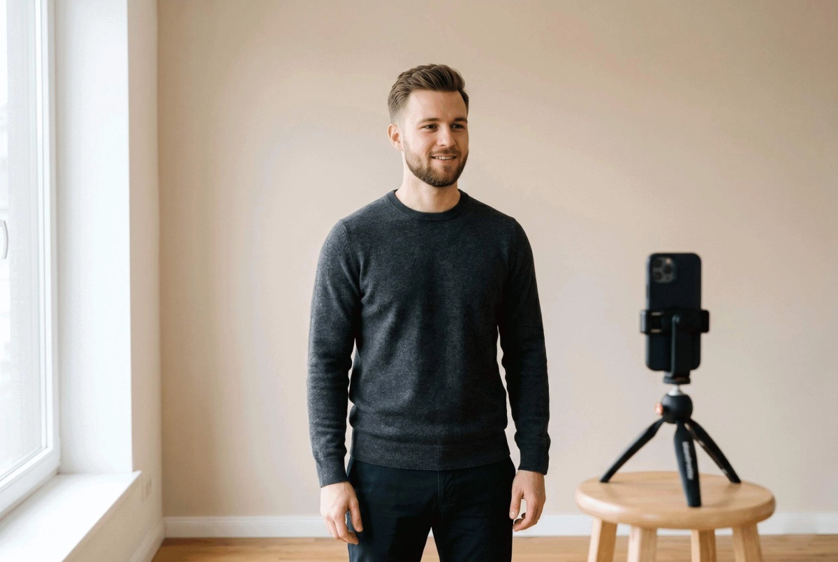Person standing in front of plain beige wall, soft natural light, smartphone on tripod, minimal background clutter.