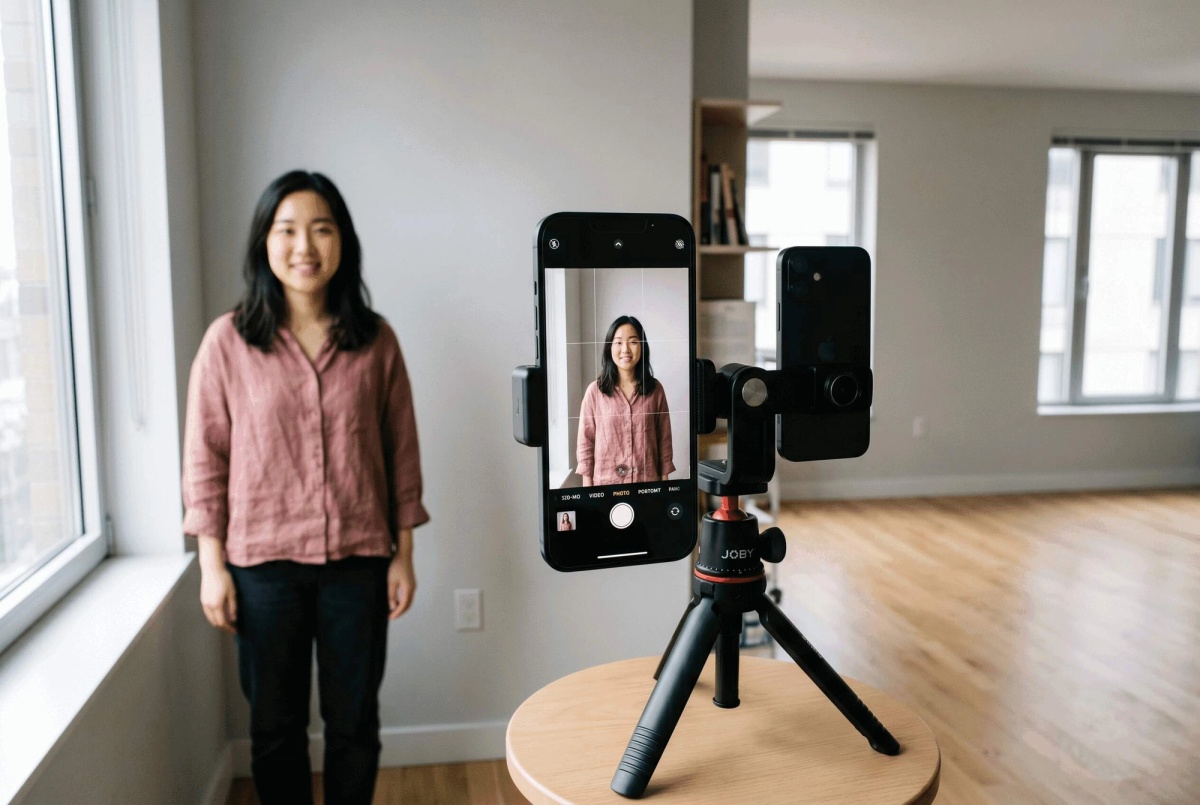 Smartphone on small tripod facing person standing near window, gridlines visible on screen, bright balanced lighting.