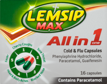 LEMSIP MAX all in one cold & flu capsules 100mg/500mg/6.1mg  16