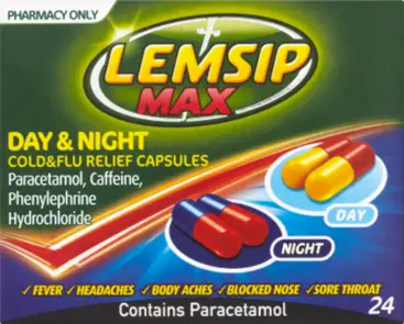 LEMSIP MAX day & night cold & flu relief capsules 25mg/500mg/6.1mg 24
