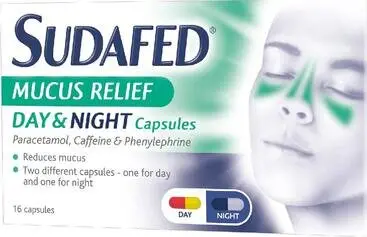 SUDAFED mucus relief day & night capsules 25mg/500mg/6.1mg 16