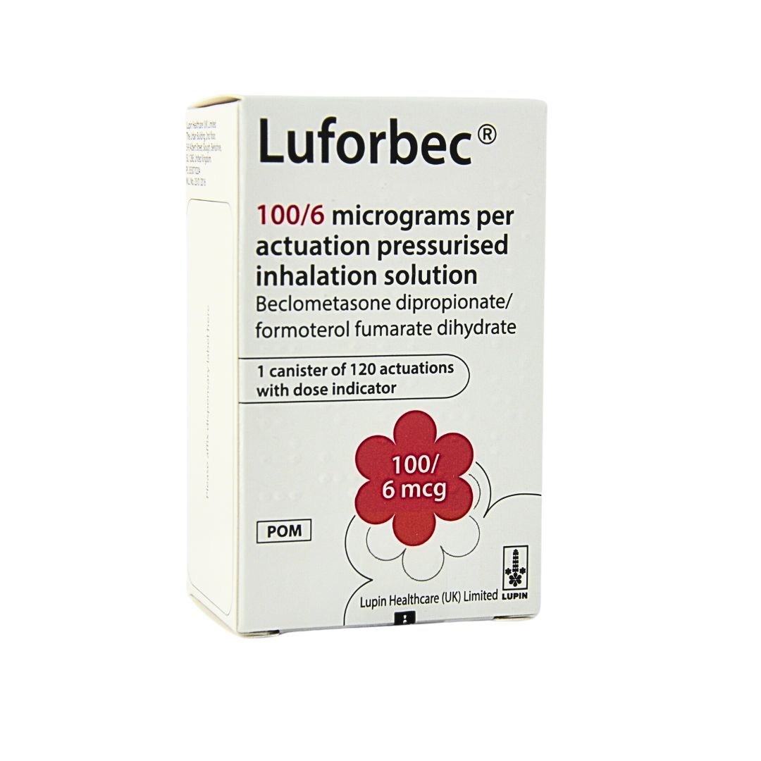 Luforbec 100/6 beclometasone and formoterol inhaler carton, 120 actuations