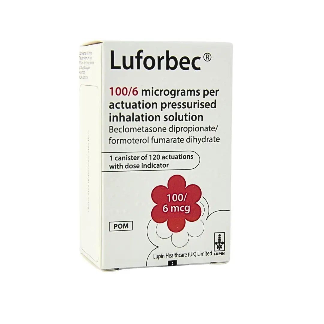 Luforbec 100/6 beclometasone and formoterol inhaler carton, 120 actuations