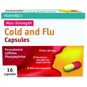 NUMARK OTC medicines cold & flu relief max strength cold & flu capsules 500mg/6.1mg 16