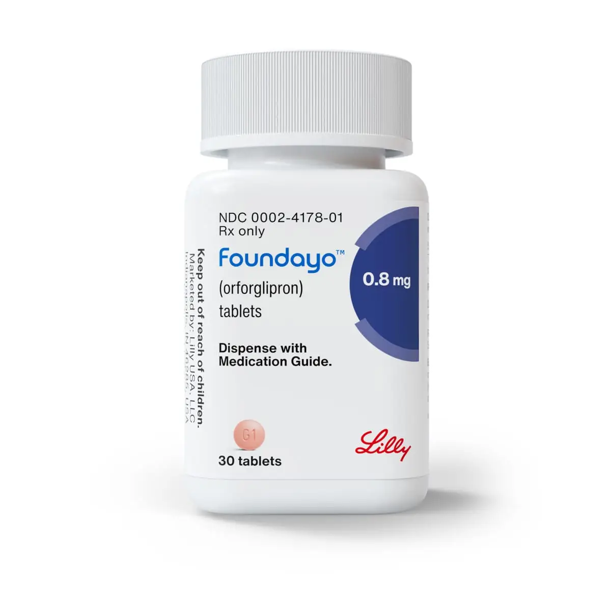 Foundayo (orforglipron) 0.8 mg tablet bottle with 30 tablets, shown on a plain white background.